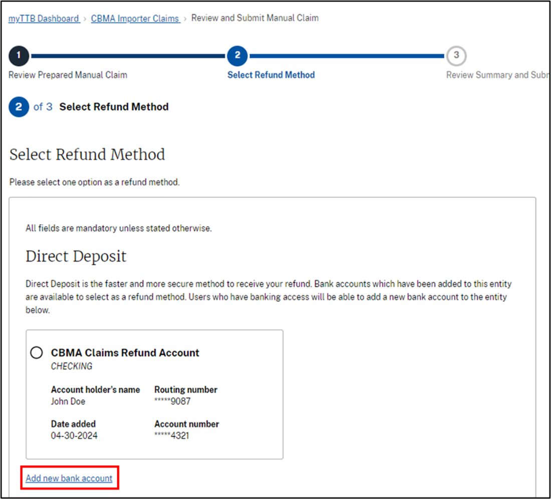 Adding a bank account from CBMA