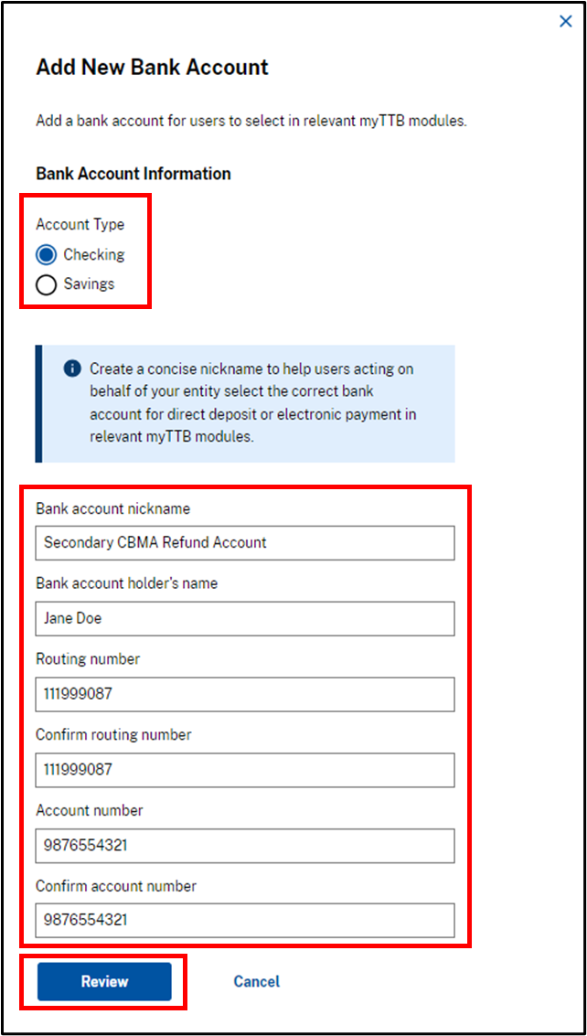 Add new bank account- Bank account info