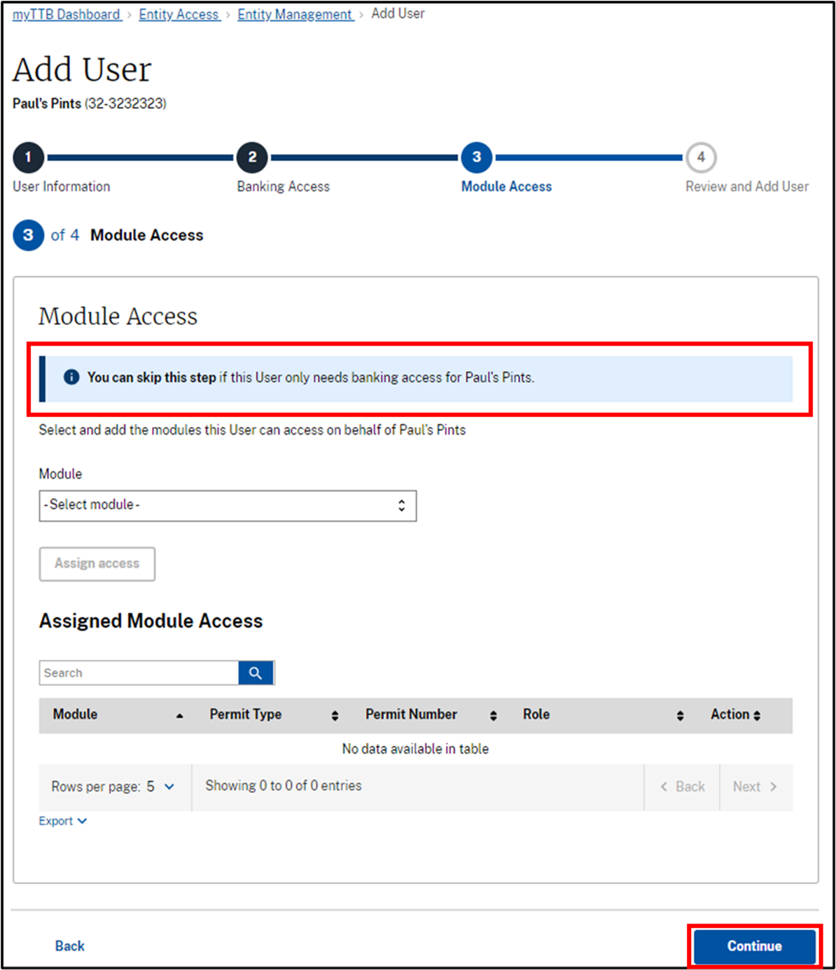 Module Access step