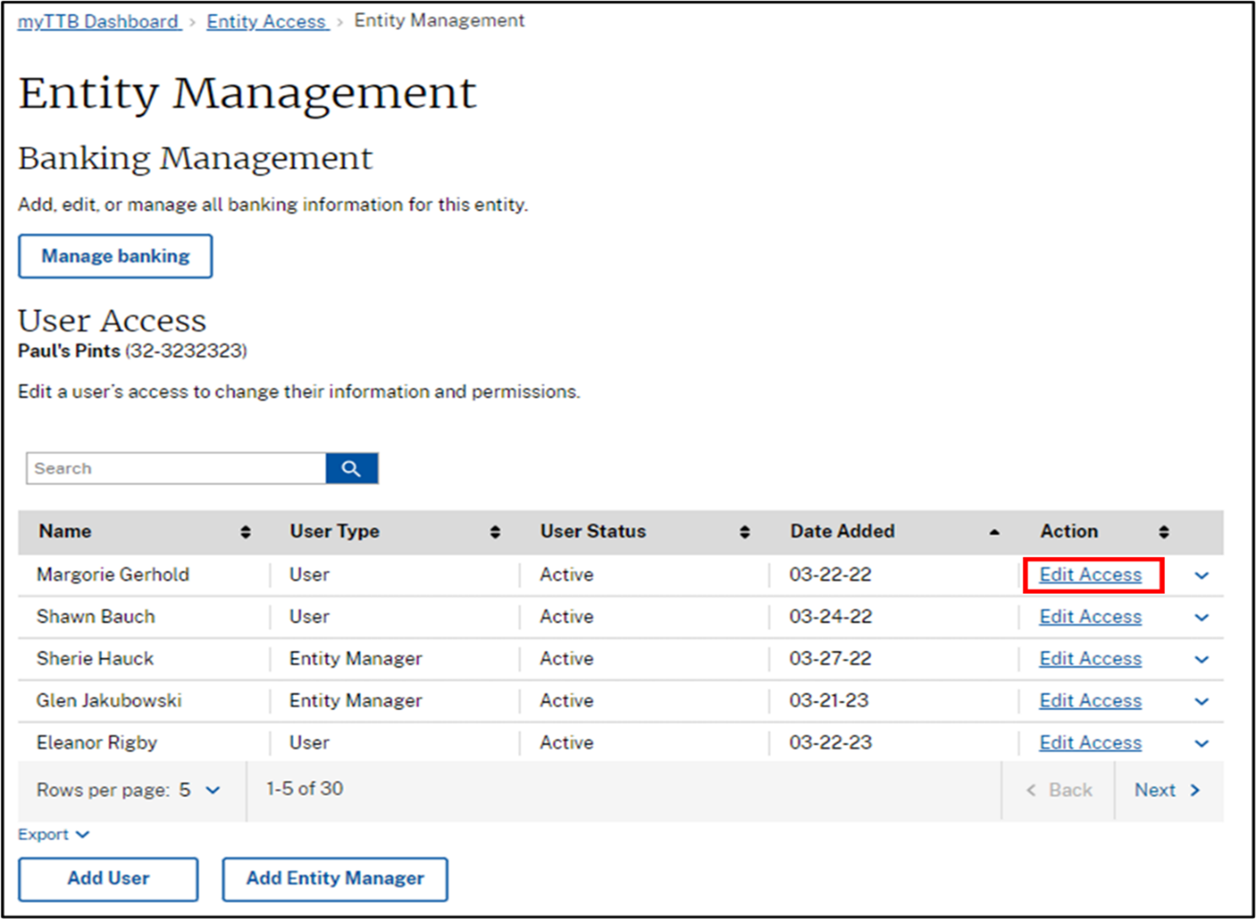 existing user entity management step