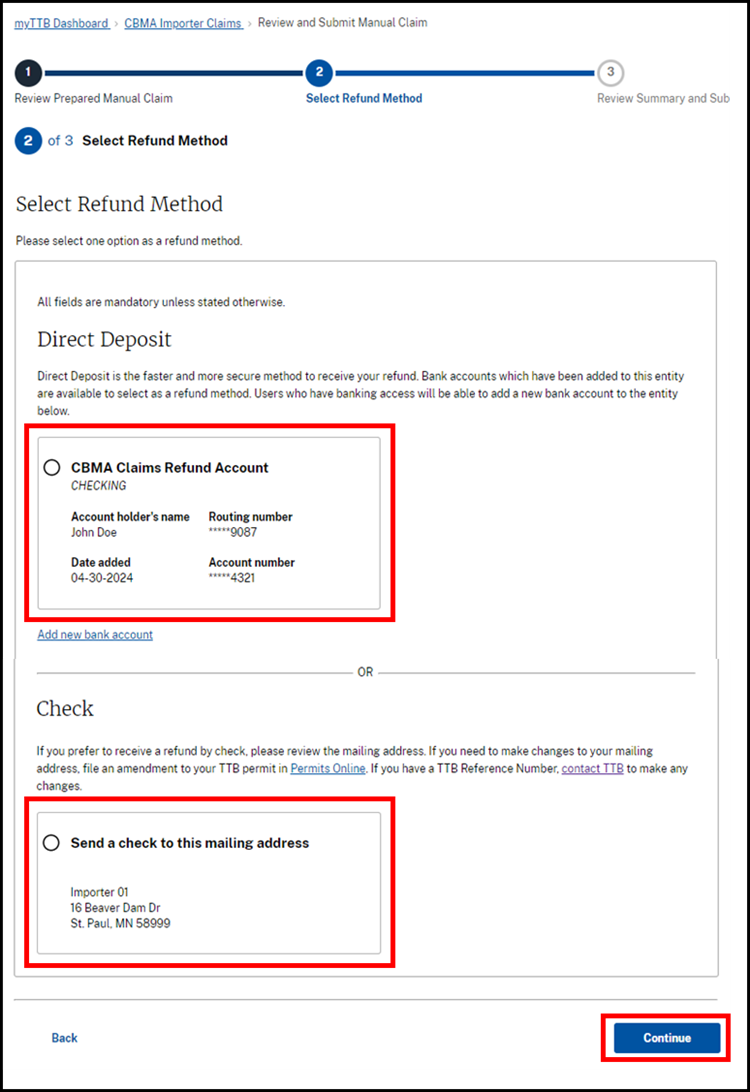 Selecting a bank account in the CBMA