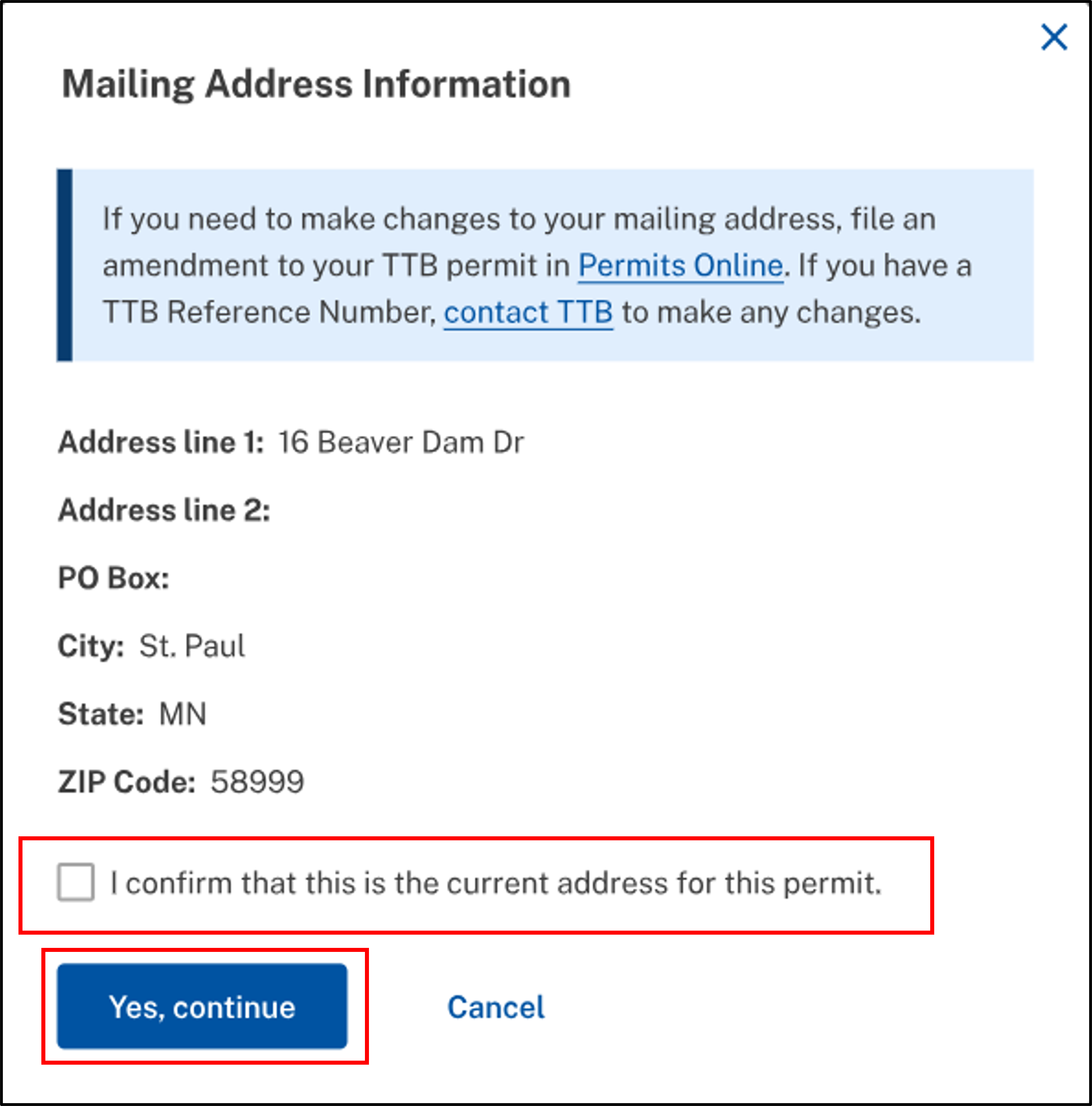 Mailing address confirmation window